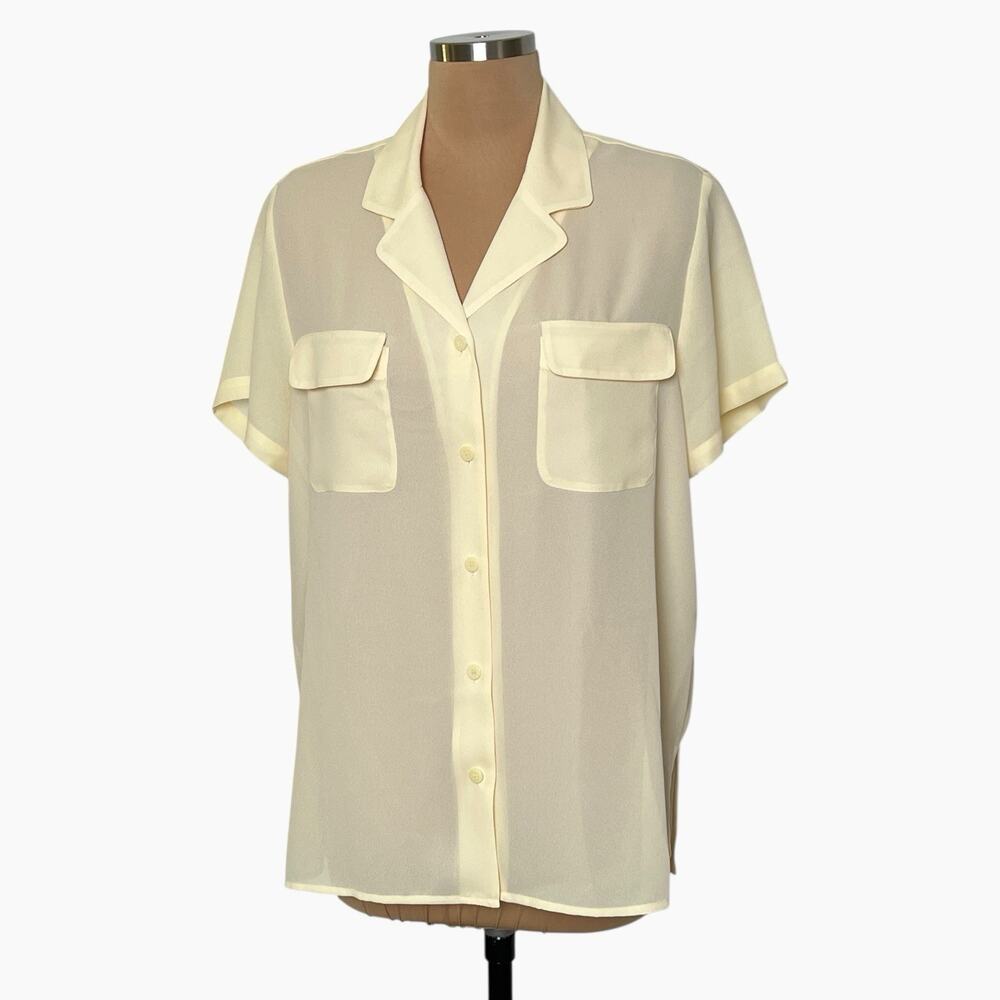 Vintage Chaus Petite Semi Sheer Blouse Size 14P Button Short Sleeve Yellow